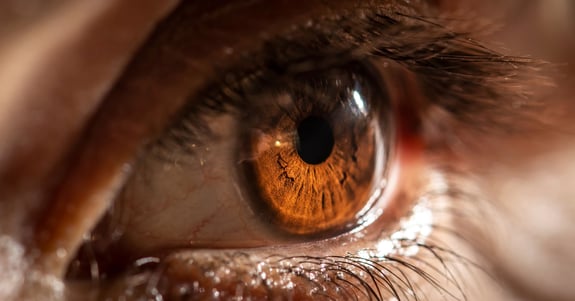 En närbild av ett mänskligt öga med en orange-brun iris