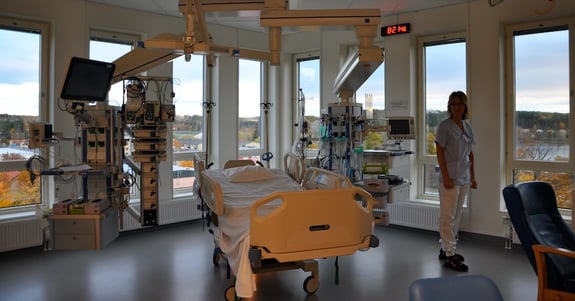 Hospital room at Hudiksvall Hospital with installed circadian lighting