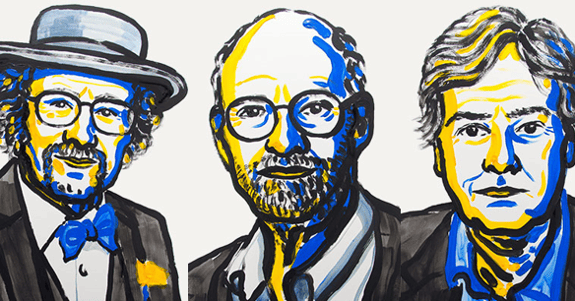 Et tegnet billede af de tre forskere Jeffrey C. Hall, Michael Rosbash og Michael W. Young der vandt Nobelprisen i 2017 inden for medicin